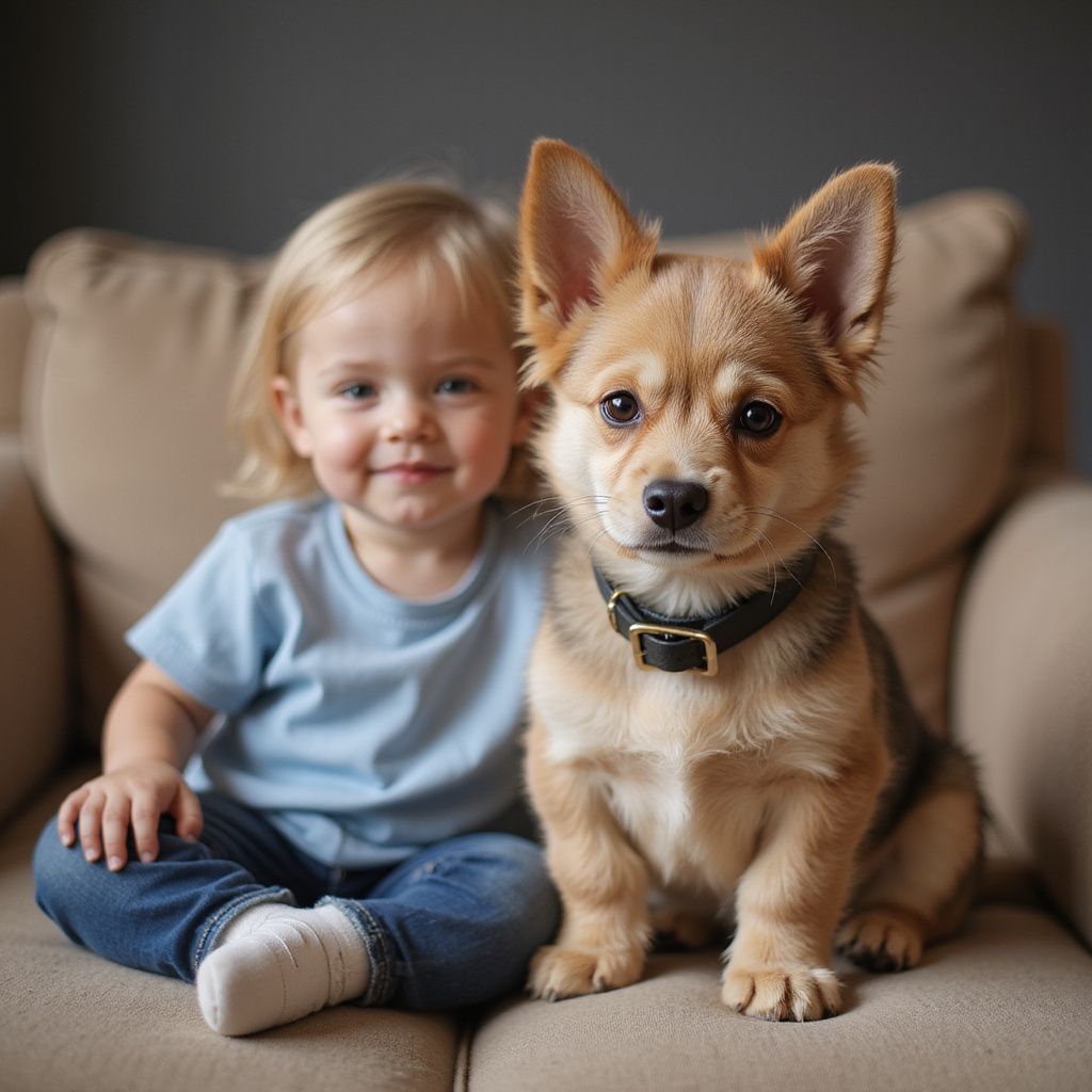 Young child and dog sitting on a beige couch, smiling. The dog is tan and brown with a black collar.