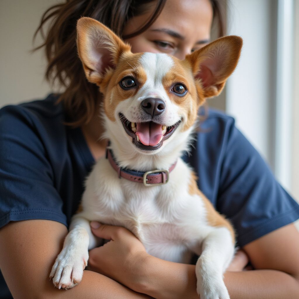 Woman holding a happy, brown and white dog wearing a collar; smiling.