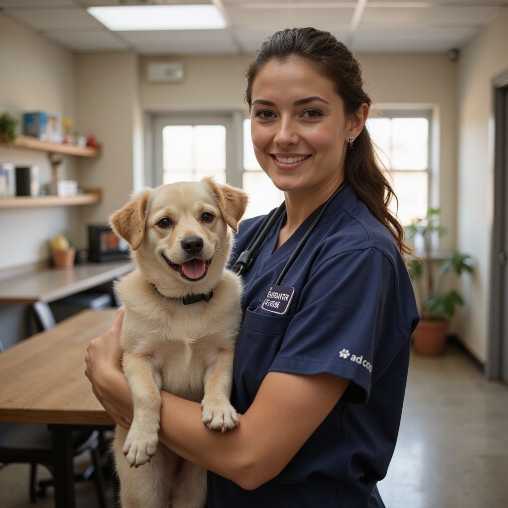 Veterinarian holding a smiling puppy in an exam room.