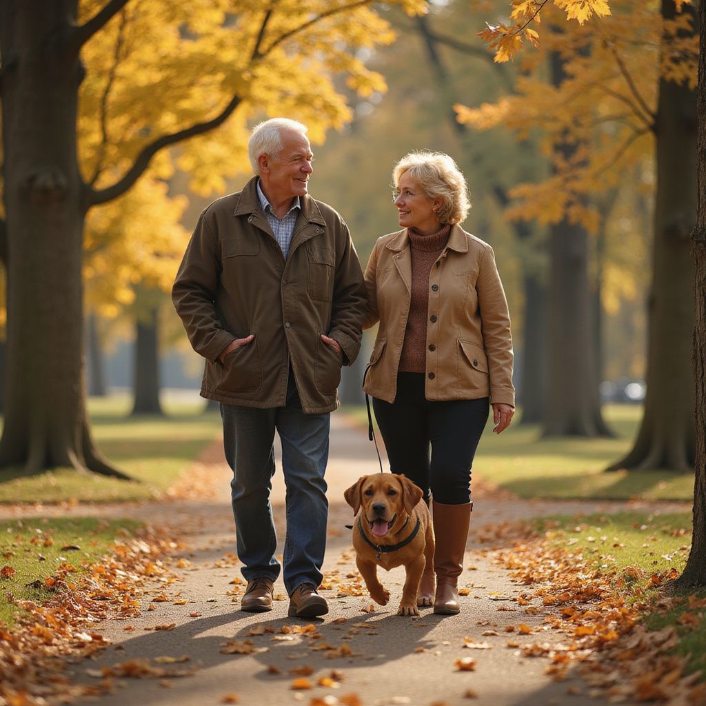 Elderly couple walking a dog on a path in a park with autumn leaves.