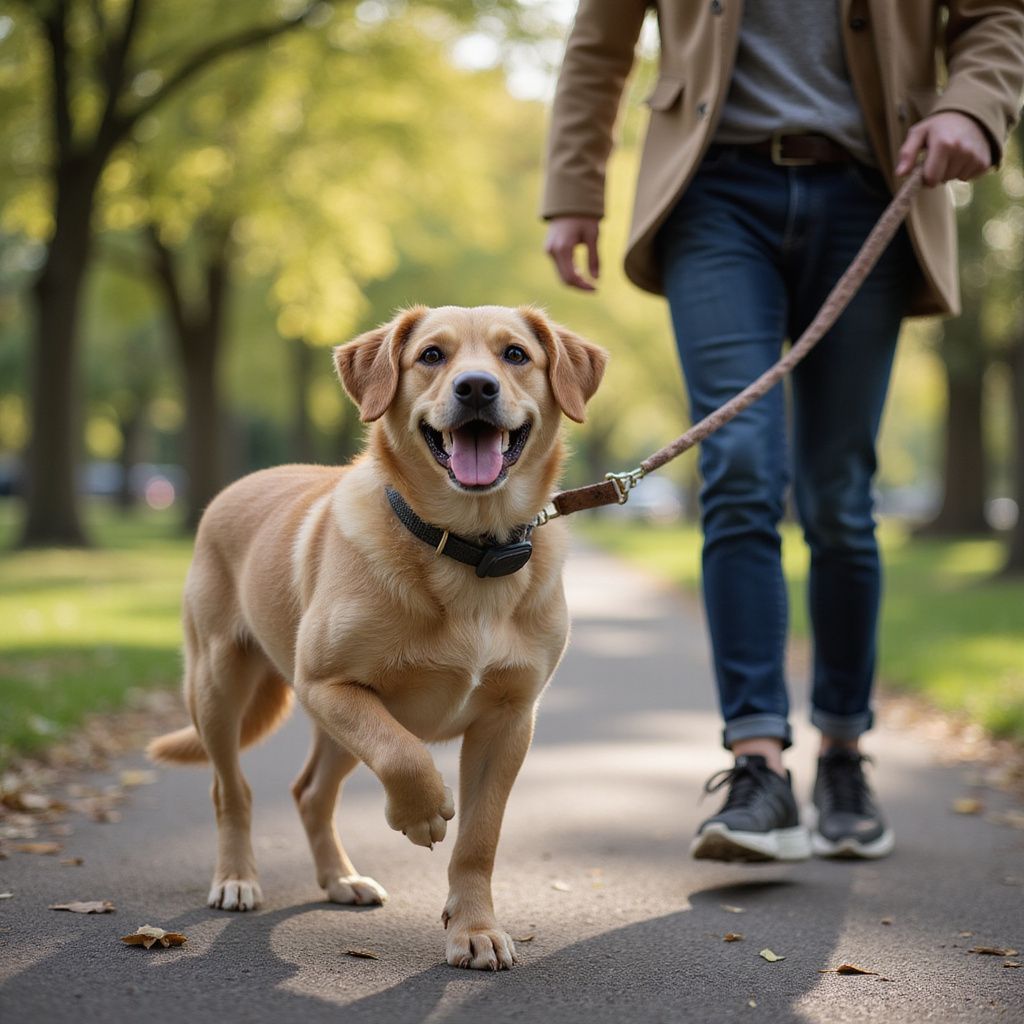Smiling golden lab on leash walks with person on a path in a park.