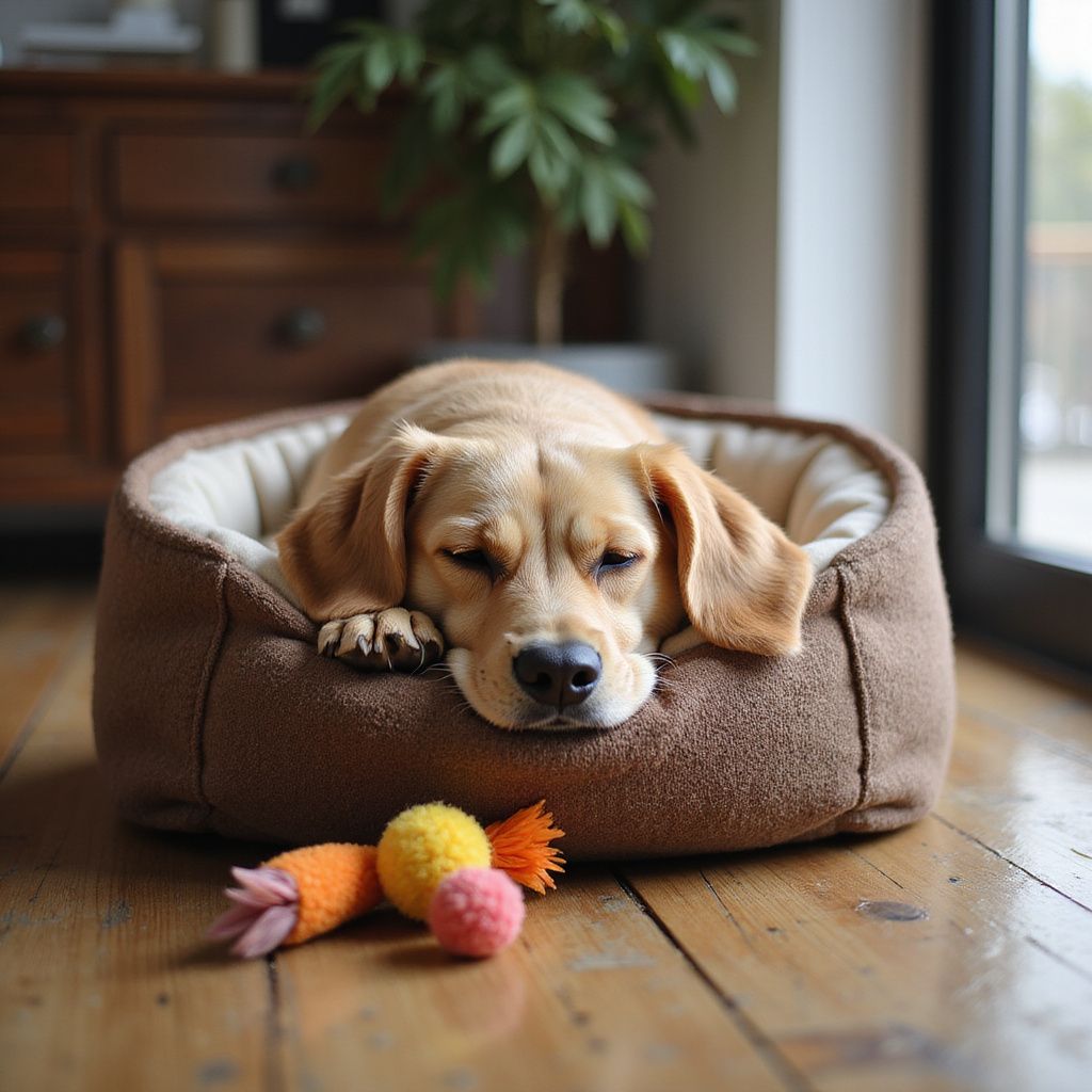 Dog resting in bed, brown fur, floppy ears, toys on floor, wooden interior.