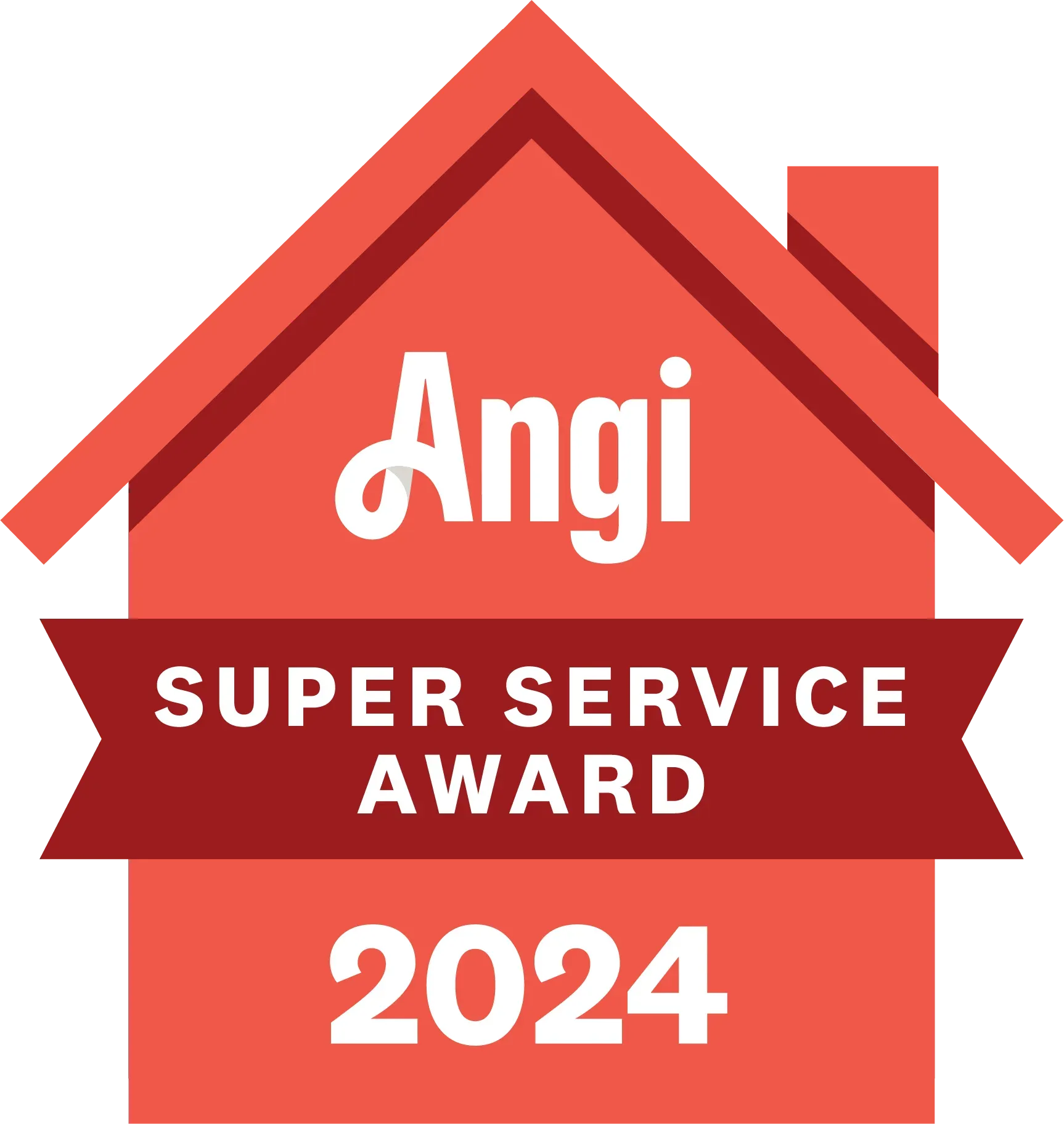 A red house with a red ribbon that says angi super service award 2024