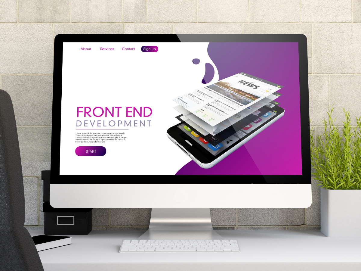 Desktop monitor displaying a purple “Front End Development” website mockup