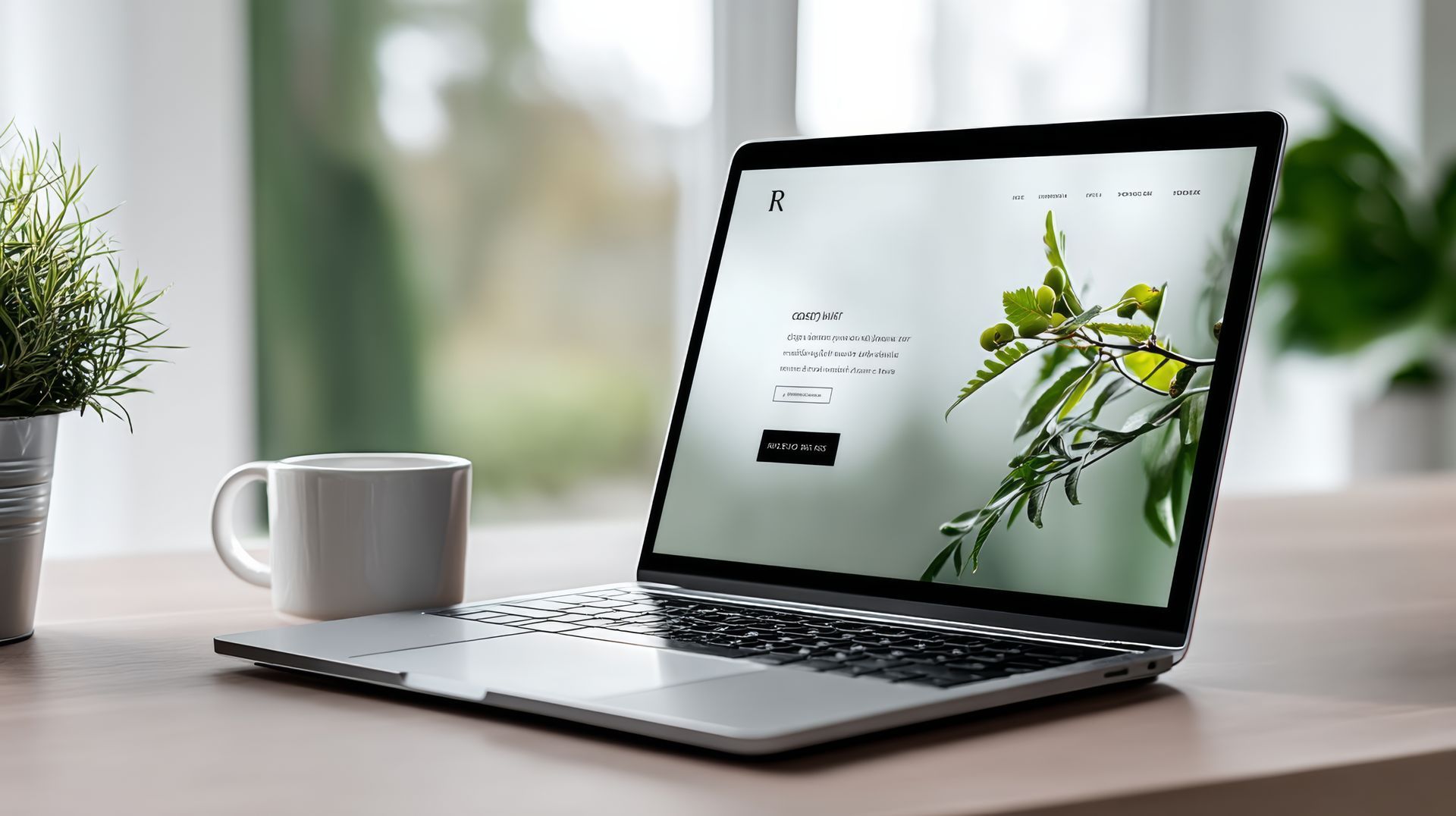 Laptop displaying a website with botanical imagery, next to a coffee mug and potted plant on a desk.