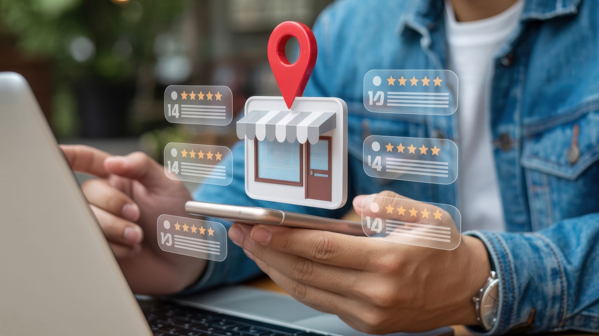 Hands holding a smartphone with a red location pin and shop icon, with laptop and rating overlays nearby