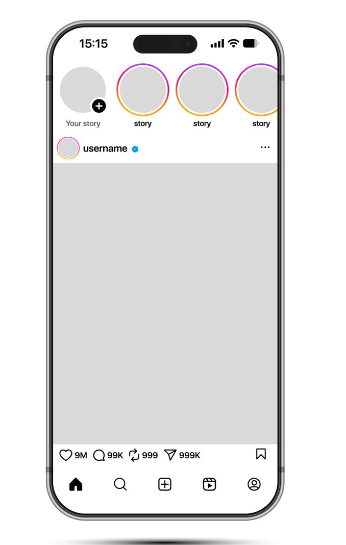 Smartphone screen displaying an Instagram feed with stories, a post, and navigation icons.