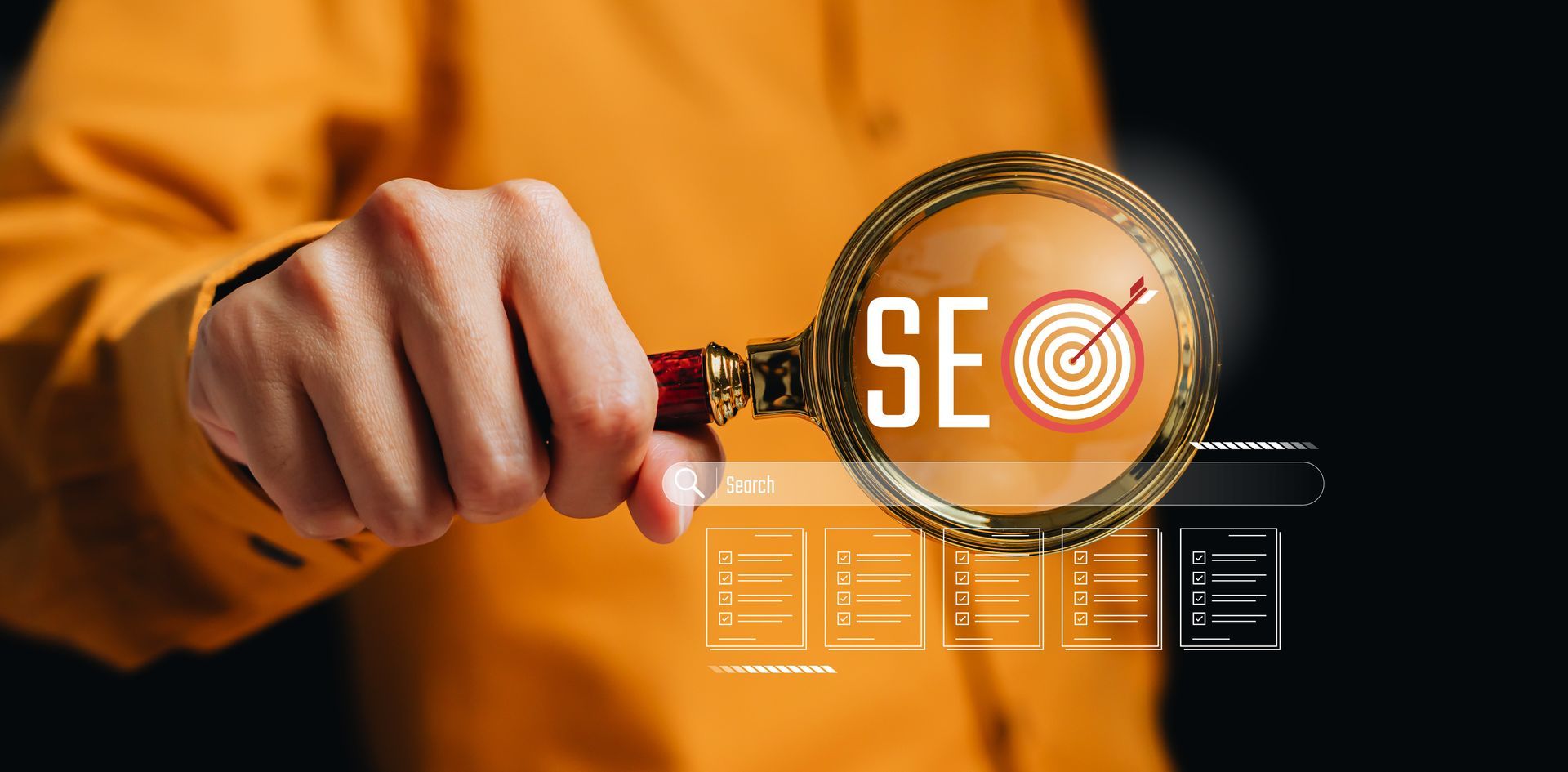 Hand holding a pen near a glowing SEO icon and digital interface on a dark background