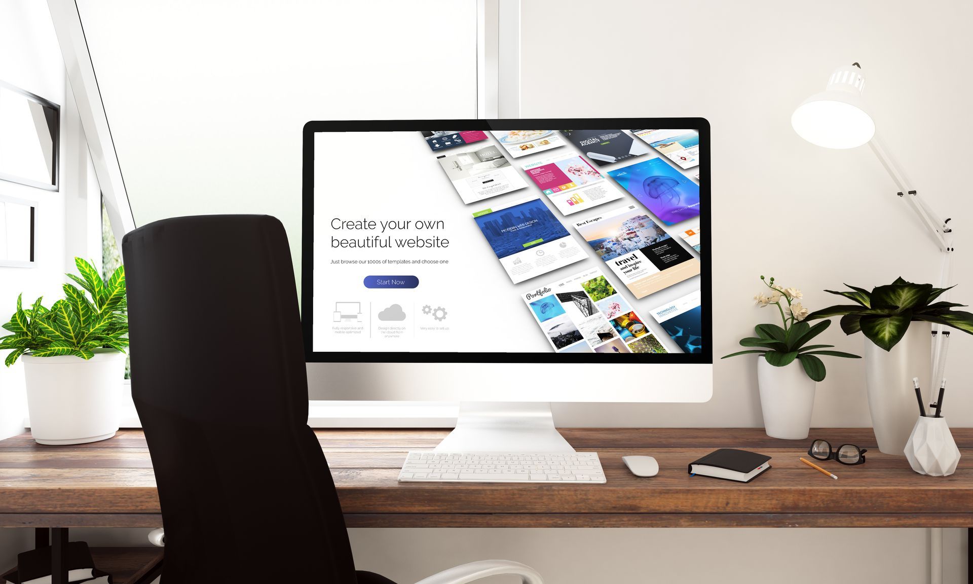 Desktop computer on a wooden desk with a black office chair. Website mockup displayed, workspace.