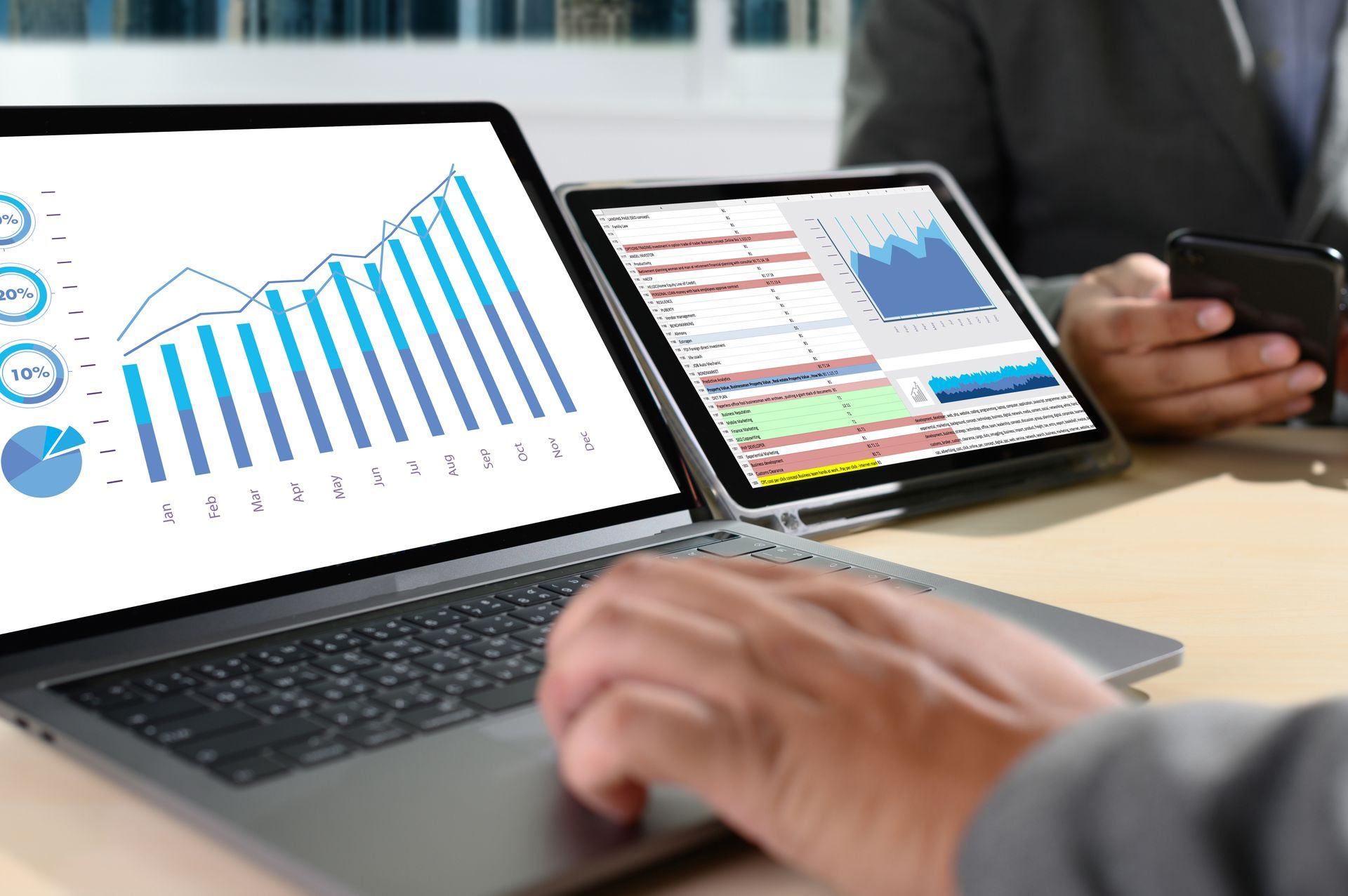 Hands using a laptop beside a tablet showing business charts and graphs
