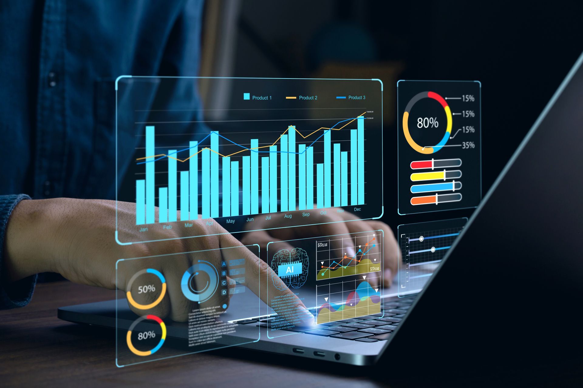 Person typing on a laptop with glowing blue data charts and analytics dashboards overlaying the screen