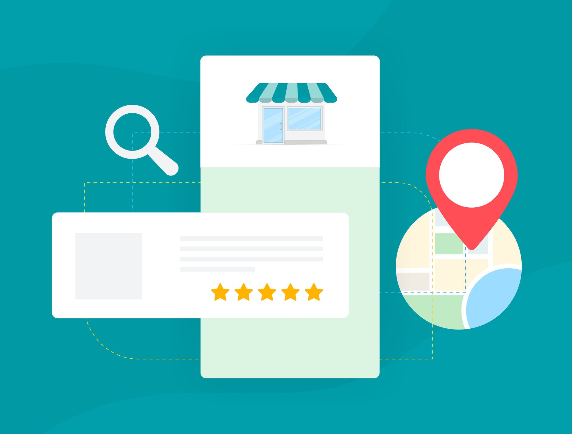 A mobile screen displaying a local business profile: shop icon, map pin, search icon, and reviews.