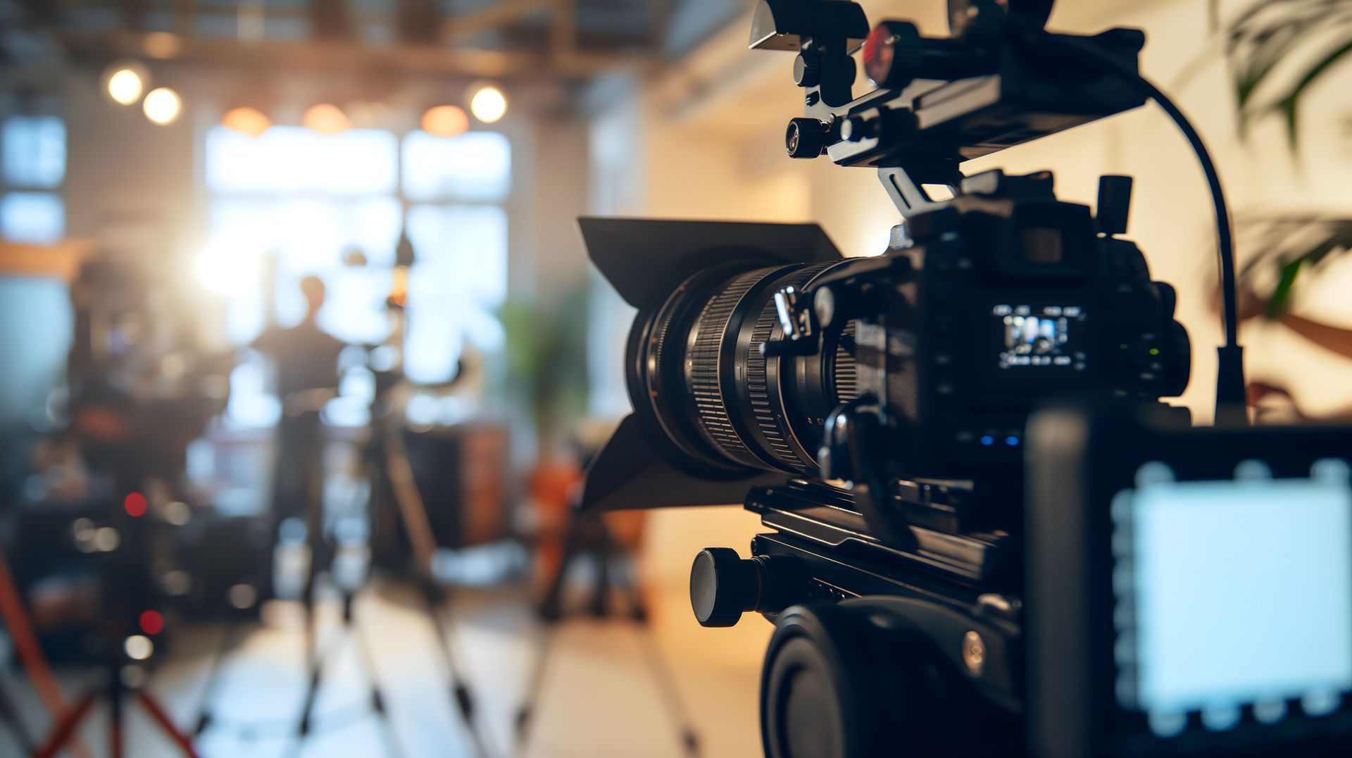 Video camera on a tripod, in a film studio setting, with out-of-focus background of equipment and people.