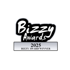 Bizzy Awards trophy, white and black design, reads "Bizzy Awards 2025 BIZZY AWARD WINNER".