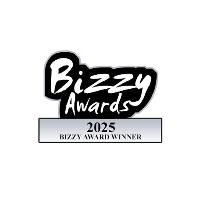 Bizzy Awards trophy, white and black design, reads "Bizzy Awards 2025 BIZZY AWARD WINNER".