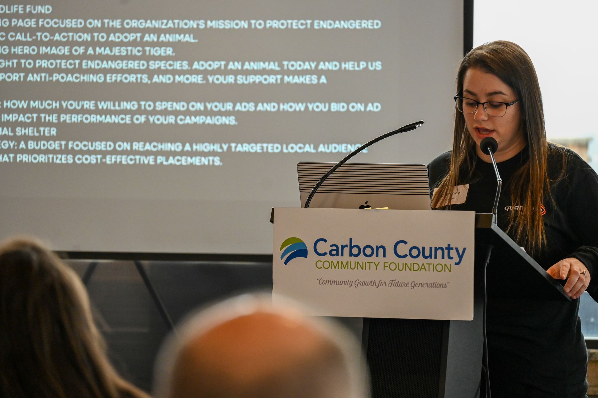 Courtney Quaresimo speaking at the Carbon County Community Foundation Non- Profit Event