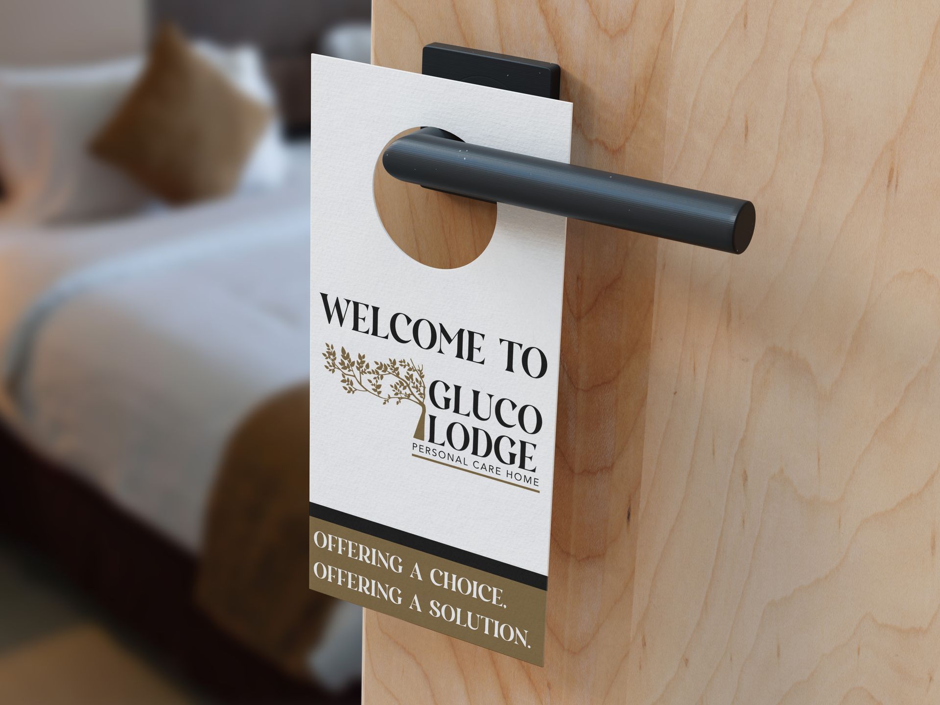 A bedroom with a sign on the door that says `` your dream home just a knock away ''.