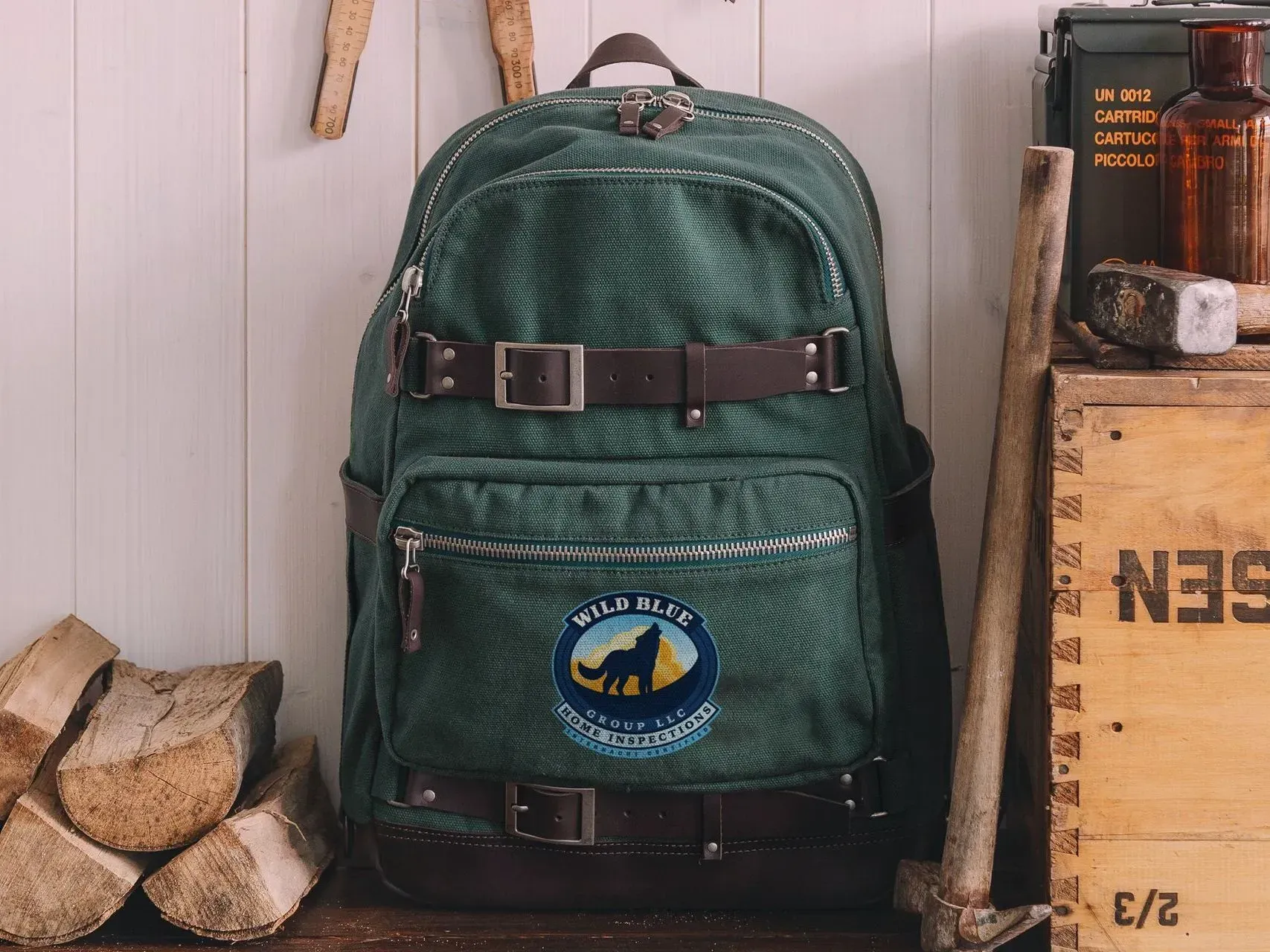 Green backpack with leather straps and 