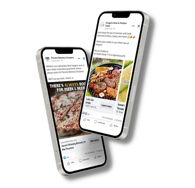 Two smartphones display Facebook posts: pizza and grilled food.