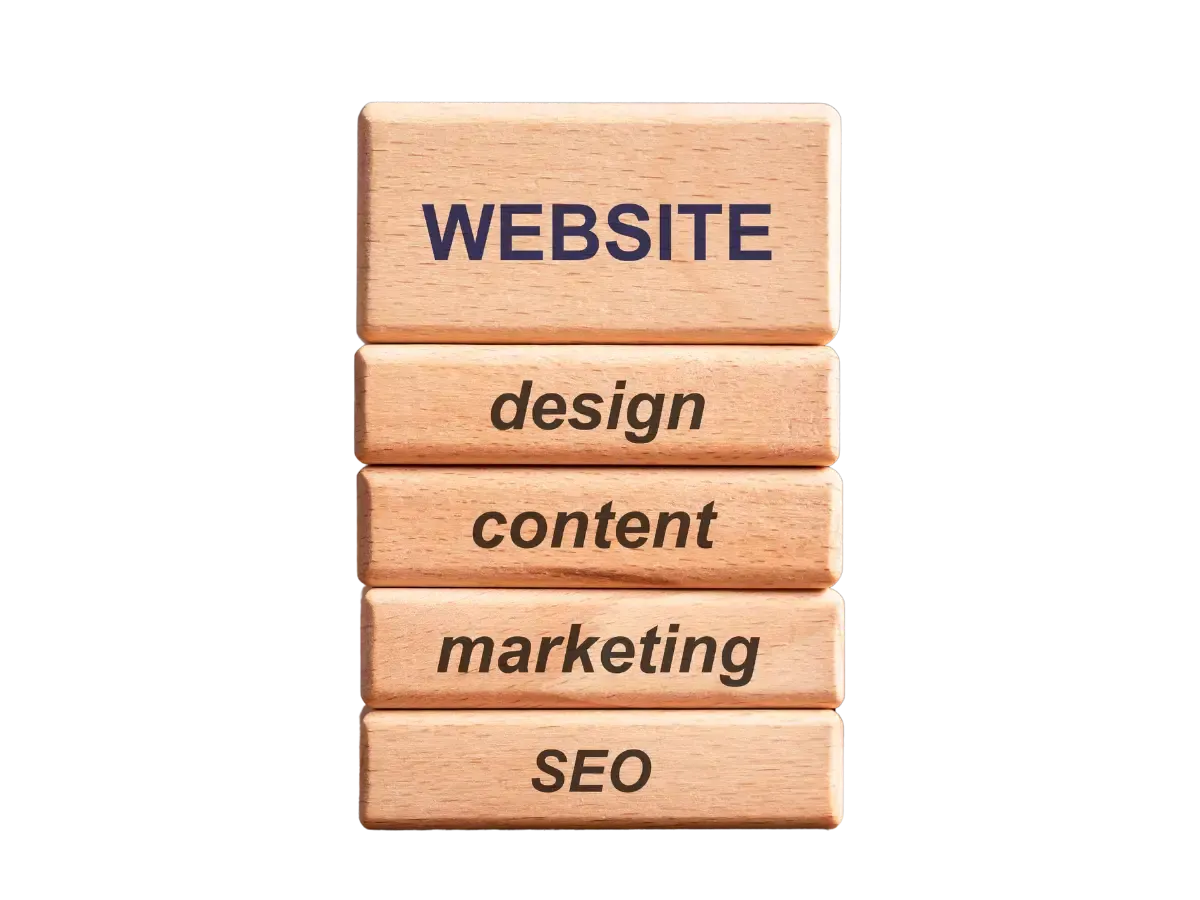 A stack of wooden blocks with the words website design content marketing and seo written on them.