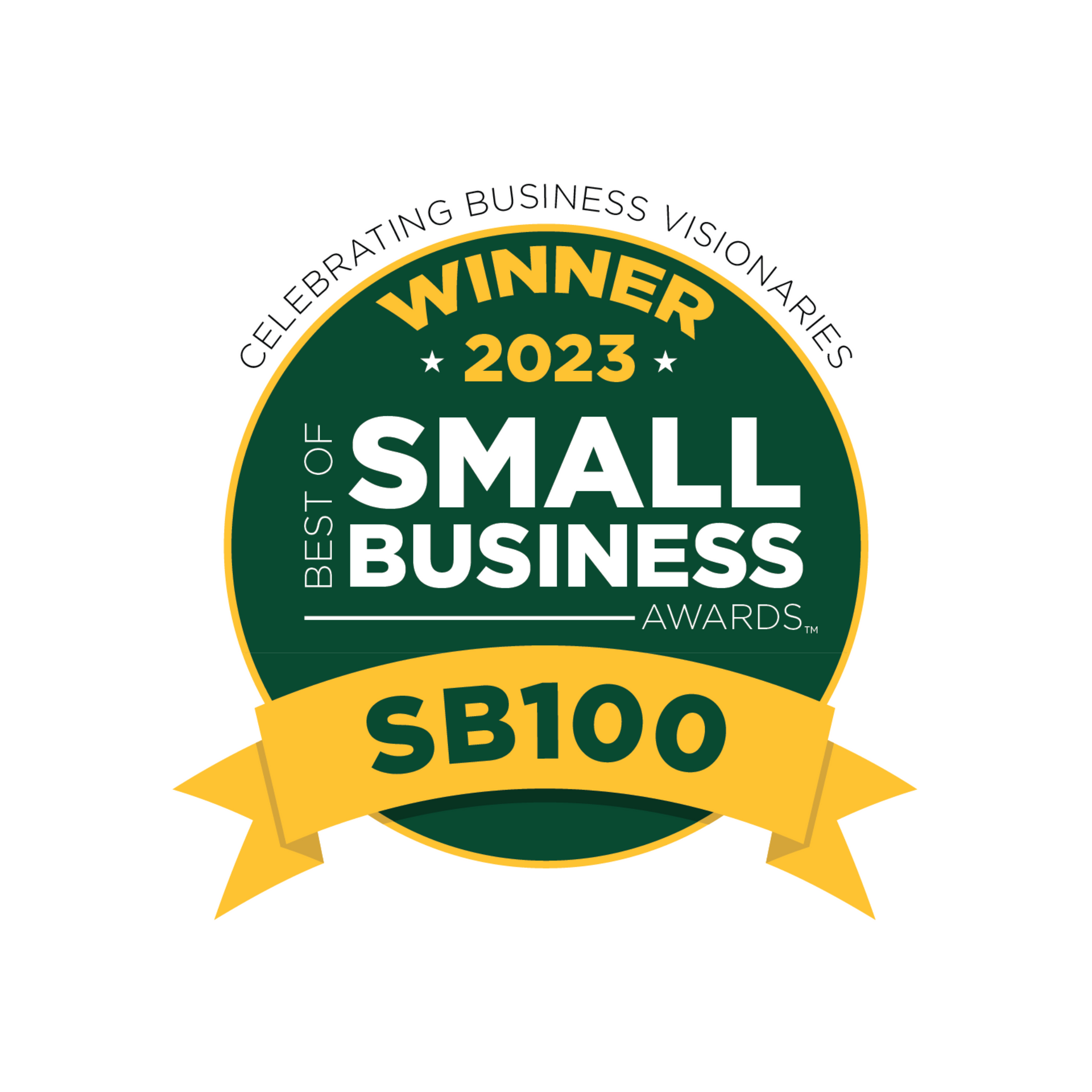 A green and yellow badge that says `` best of small business awards ''.