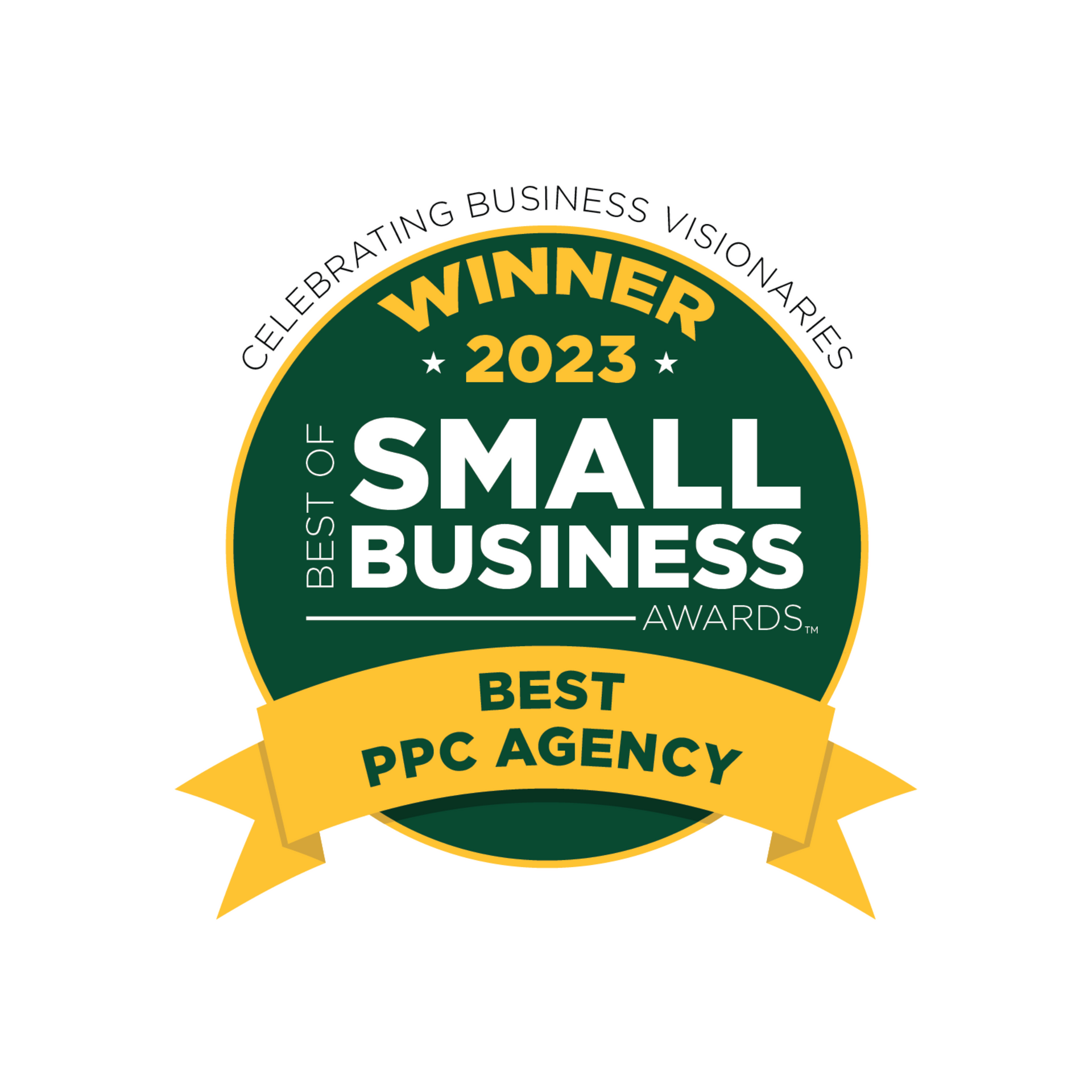 A green and yellow badge that says `` small business winner 2023 best ppc agency ''.
