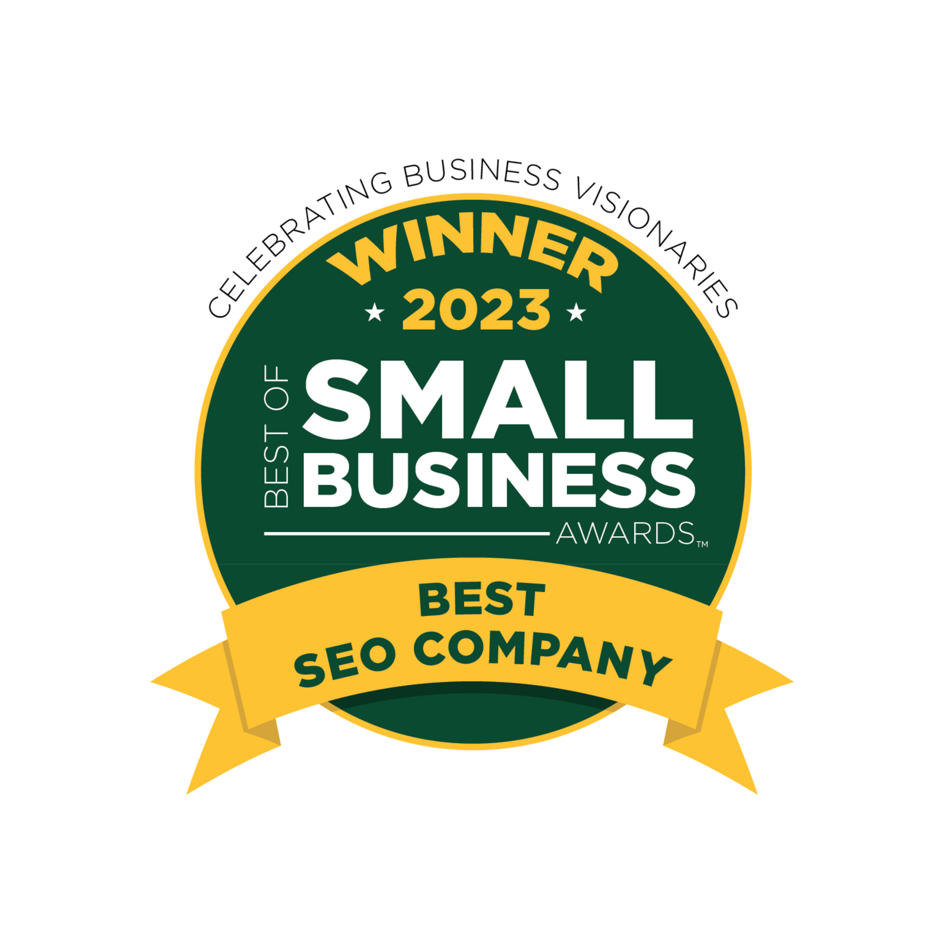 A green badge with a yellow ribbon that says `` best of small business awards ''.