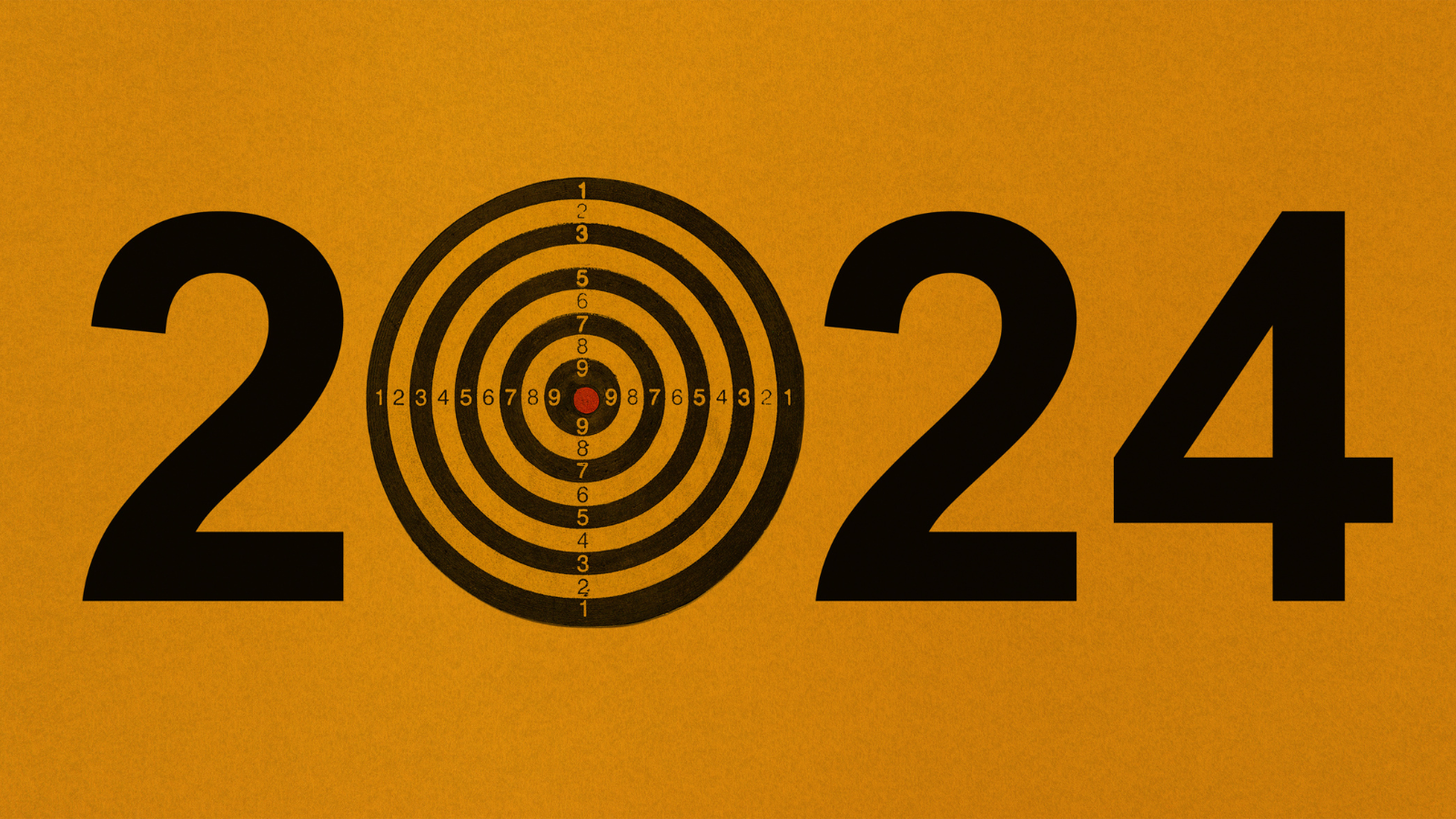 2024 in black with a target as the 0 on an orange background