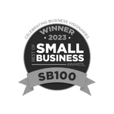 Winner of the 2023 Best of Small Business Awards logo, a dark gray circle with white text and banner reading "SB100".