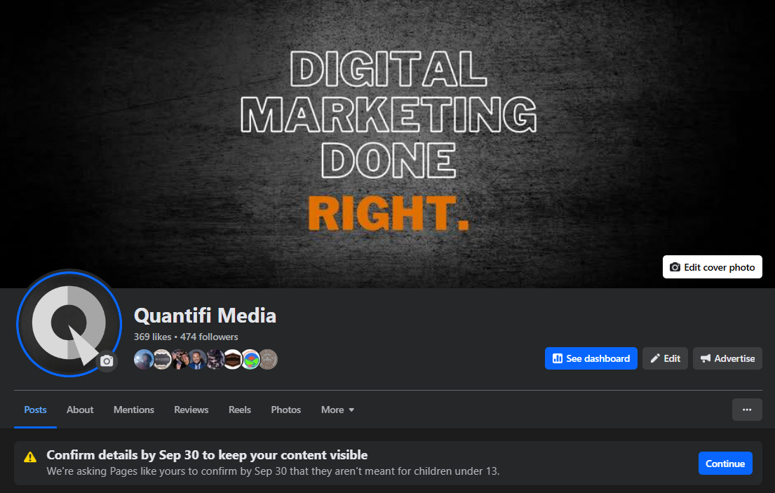 Facebook content confirmation notification on Quantifi Media's Facebook.