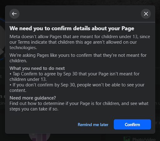 A facebook page that says we need you to confirm details about your page