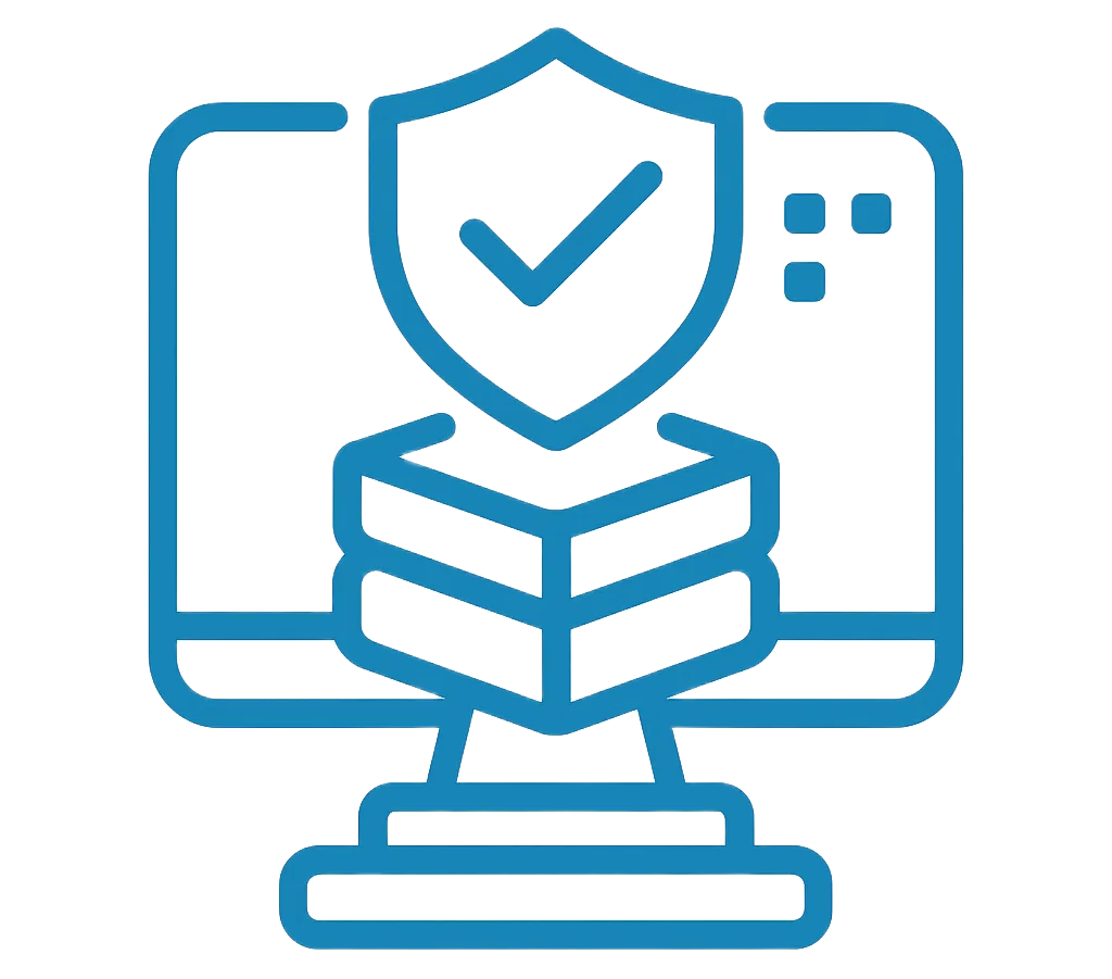 Blue computer monitor with a shield icon and stacked data blocks, symbolizing stacked with features.