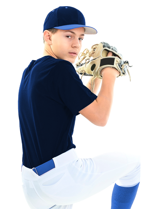 A young boy in a baseball uniform is kneeling down holding a glove