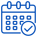 A blue calendar with a check mark on it.