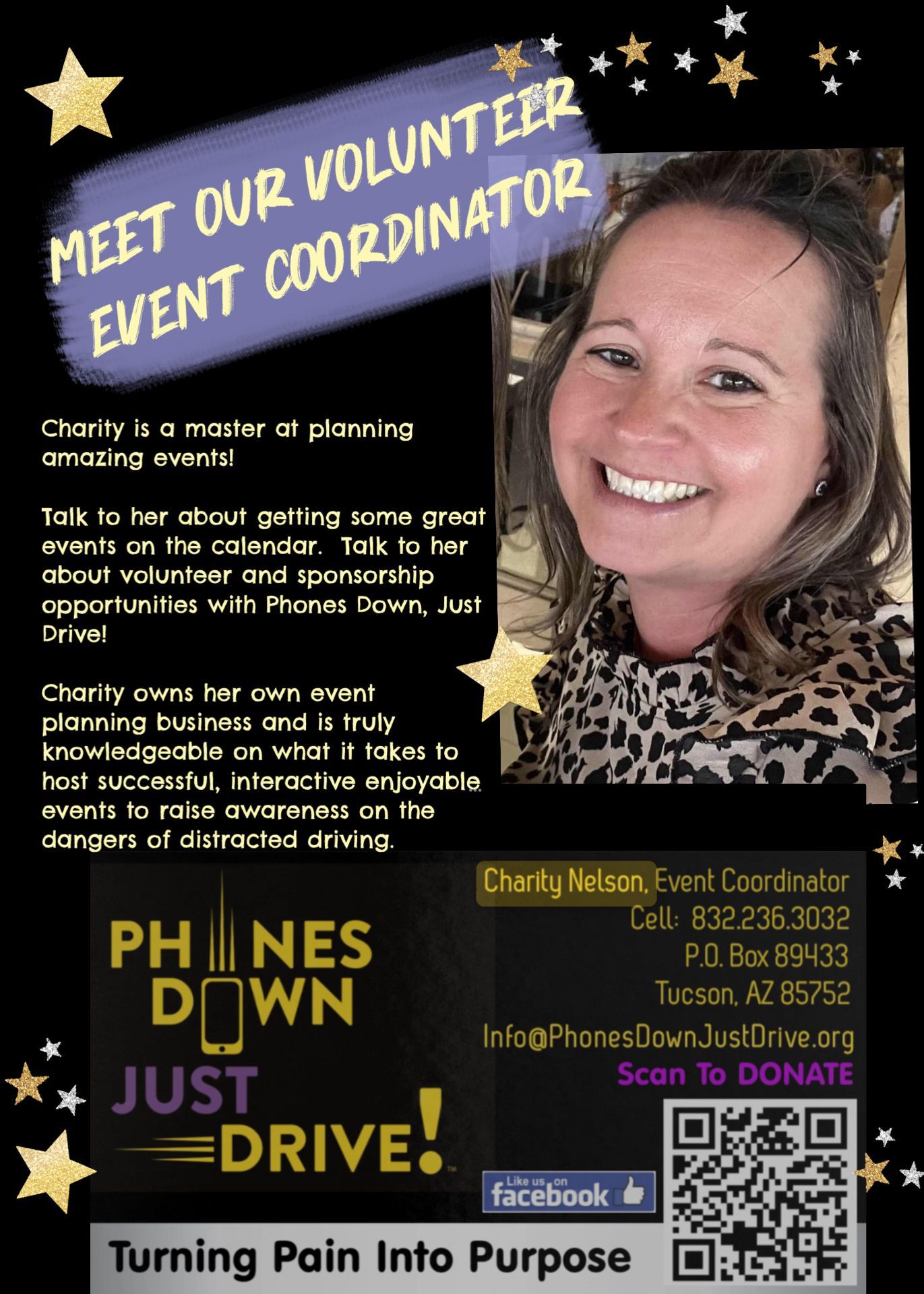 Flyer introducing Charity Nelson, the volunteer event coordinator for