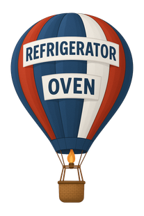 A red white and blue hot air balloon that says refrigerator oven