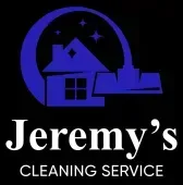Blue logo: house, cleaning tool, stars, arc, and "Jeremy's CLEANING SERVICE" text on a black background.