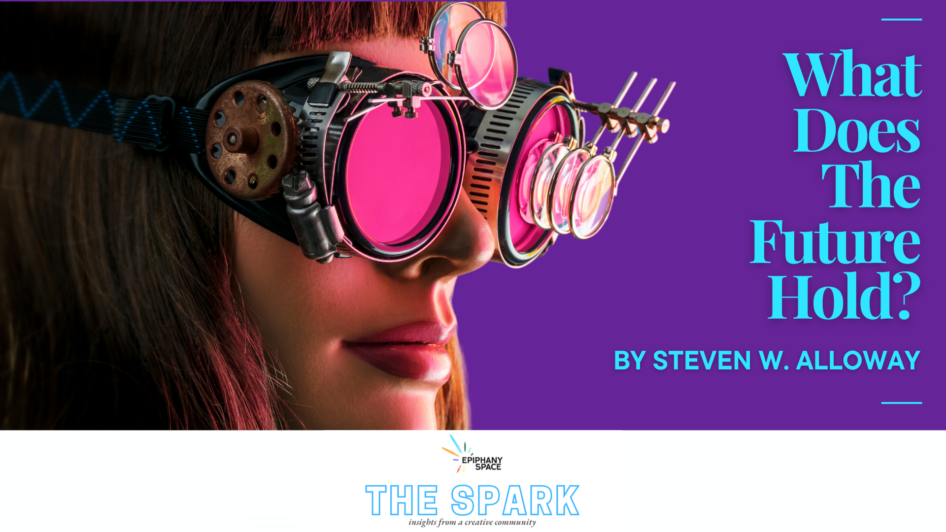 Person wearing futuristic pink goggles, symbolizing curiosity and uncertainty about the future