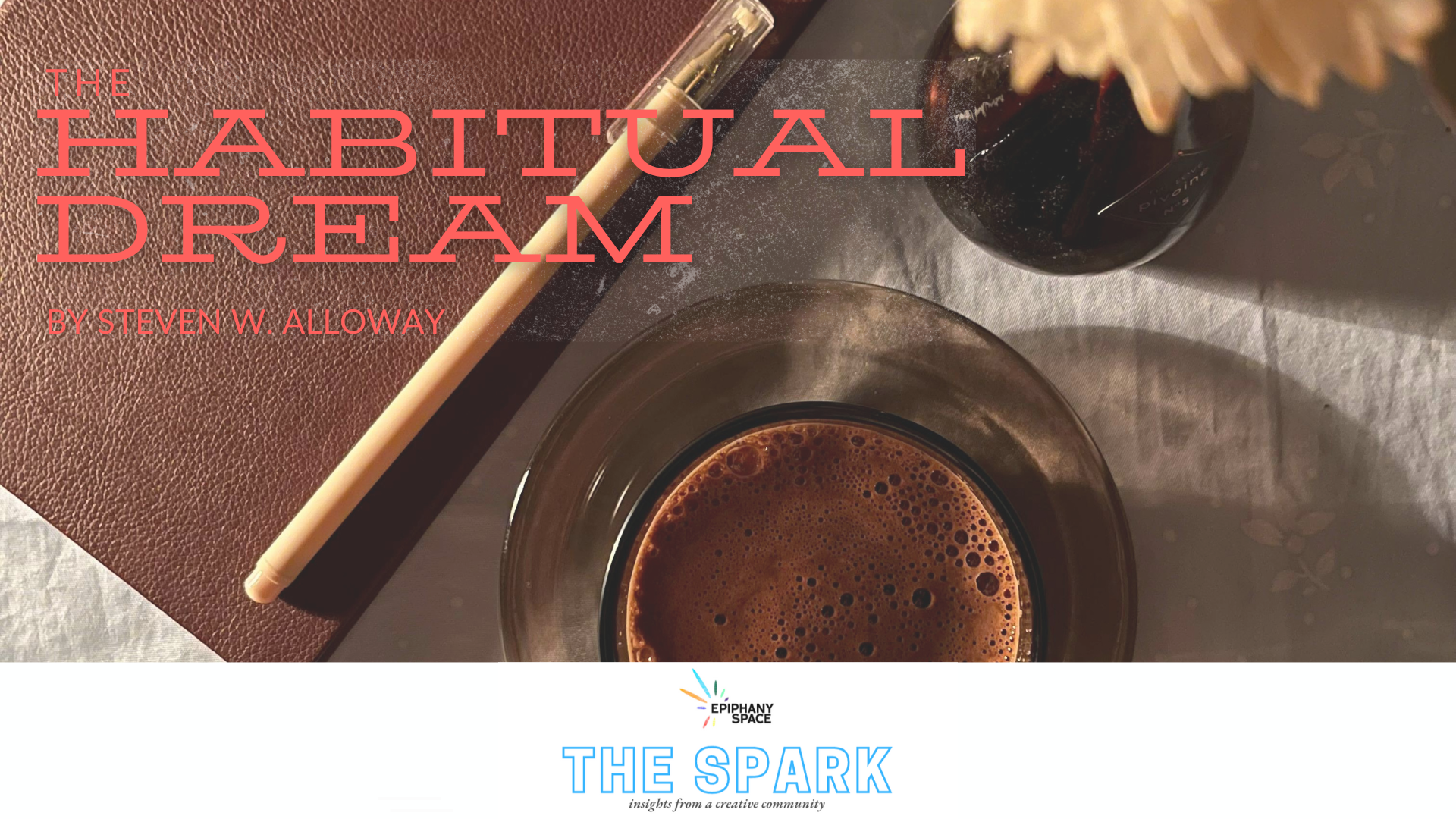 Notebook and pen beside coffee for dream journaling morning ritual