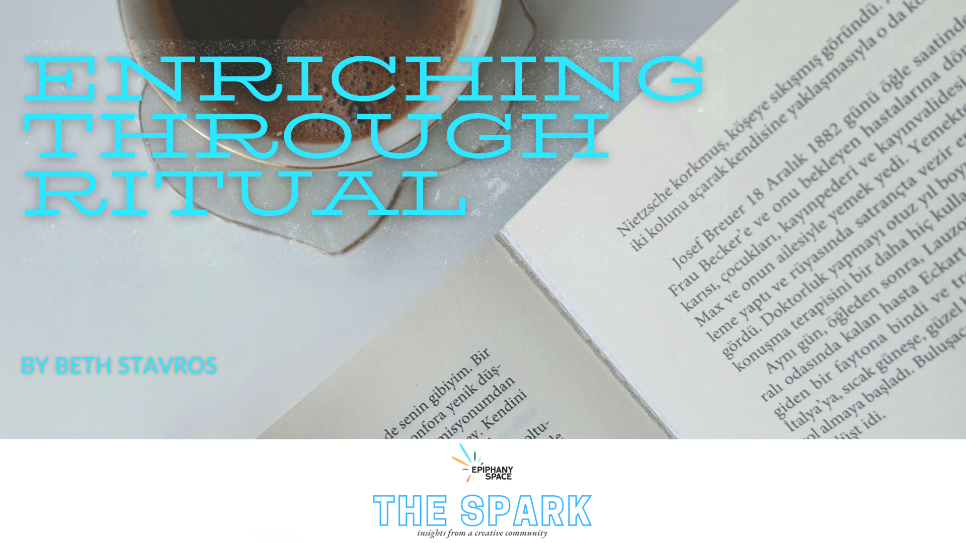 Open book and coffee cup flat lay with bold teal text reading