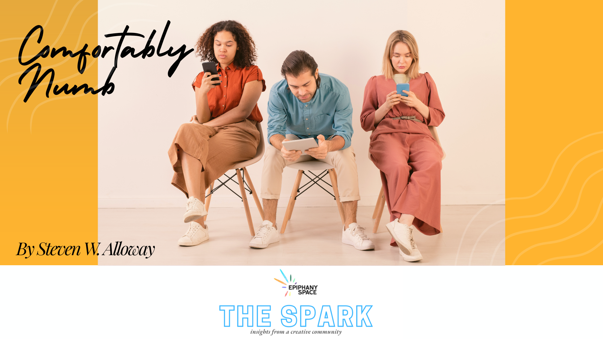 Three people absorbed in their devices, illustrating creative numbness and distraction.