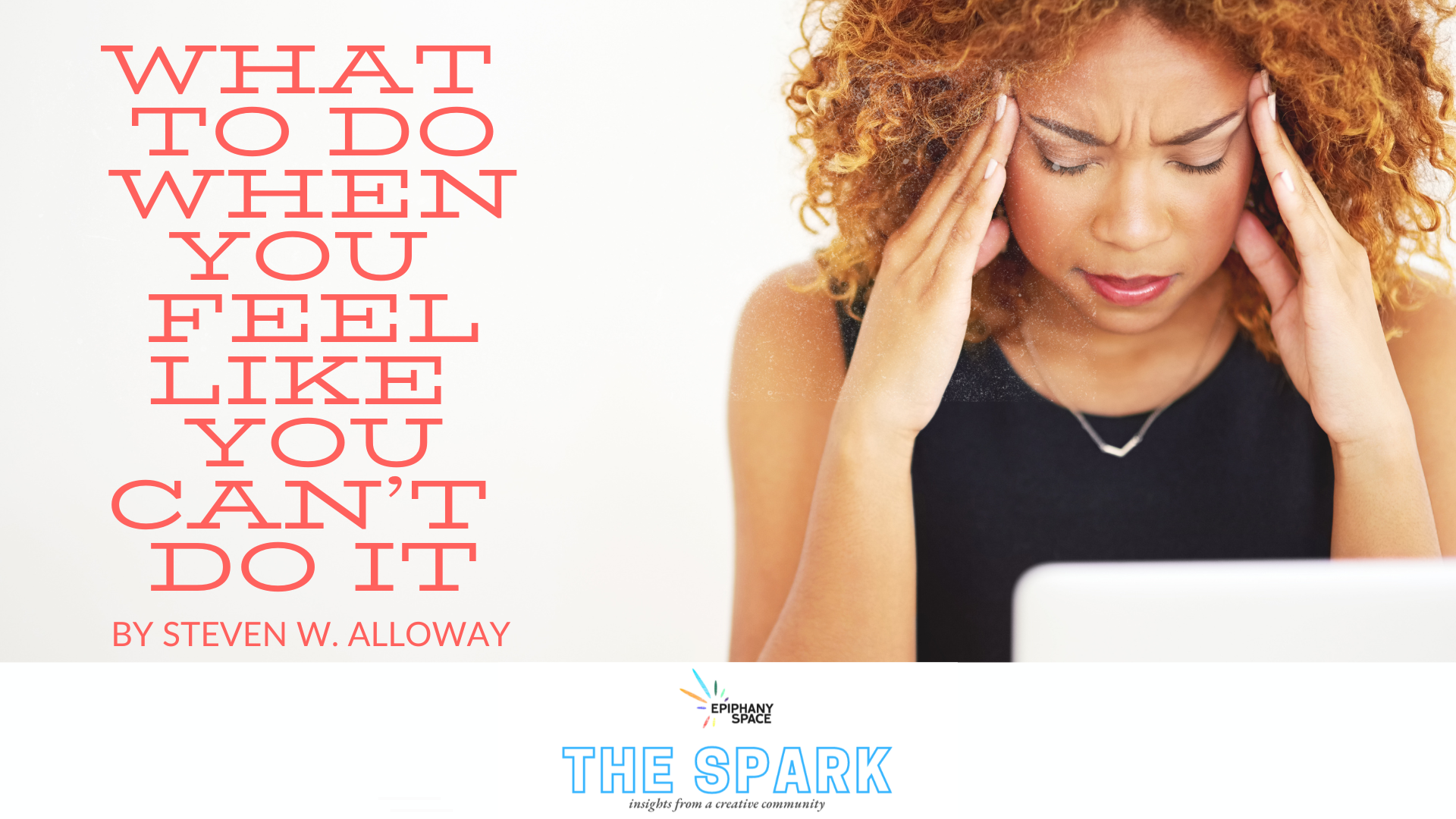 Woman holding her head in frustration at a laptop, illustrating the struggle with impostor syndrome