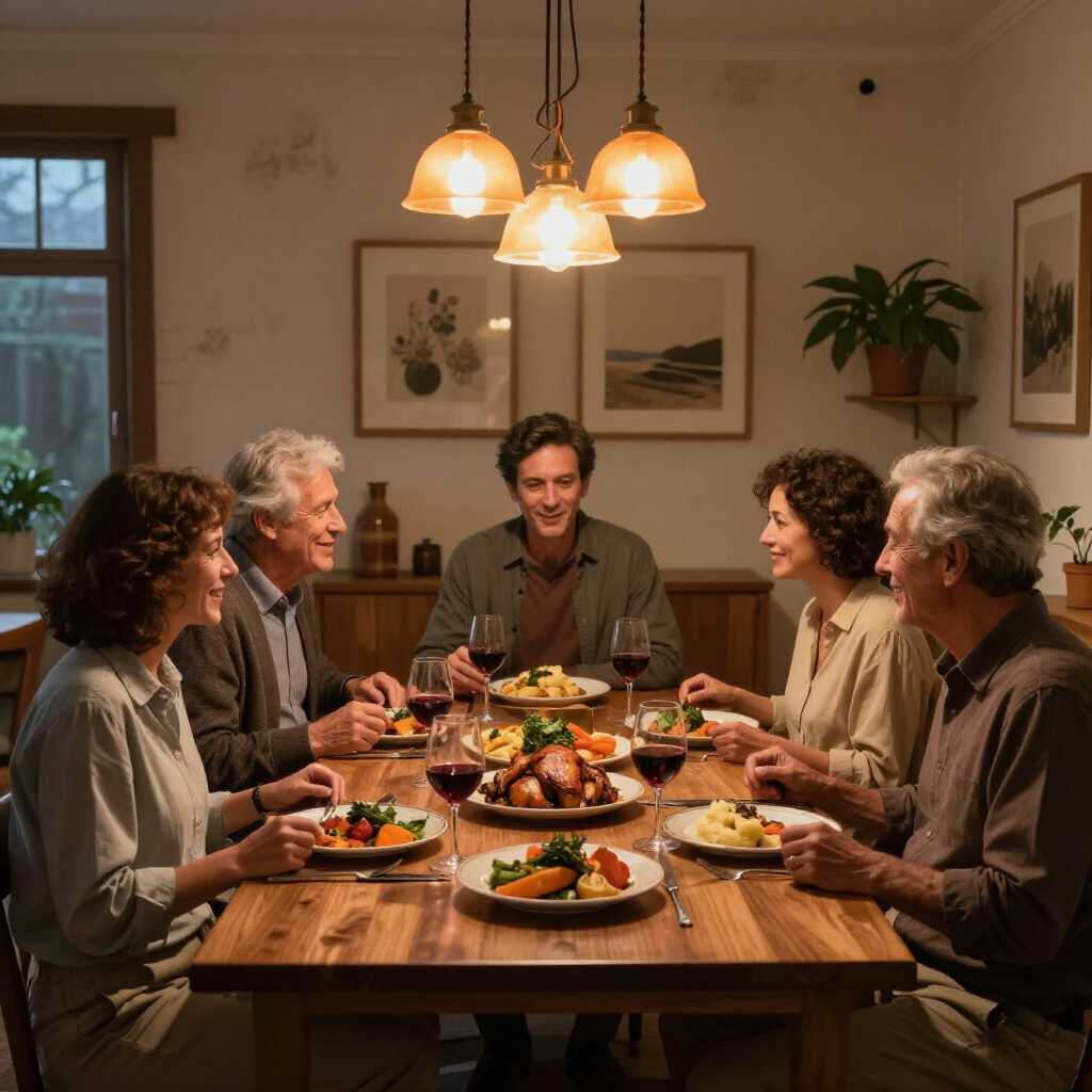 Dinner guests seated around a wooden table under warm pendant lights in a cozy dining room