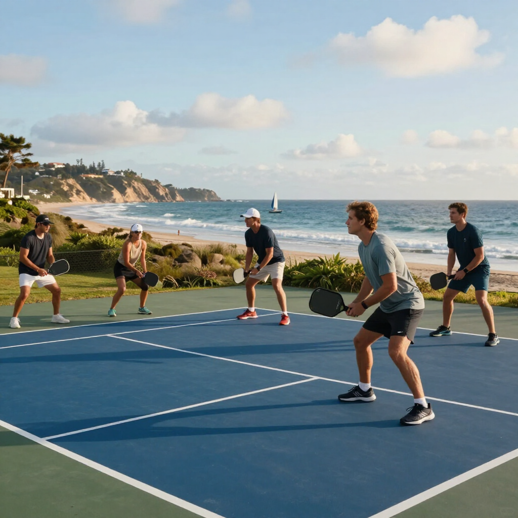 People playing pickleball on a blue court by the coast under a sunny sky