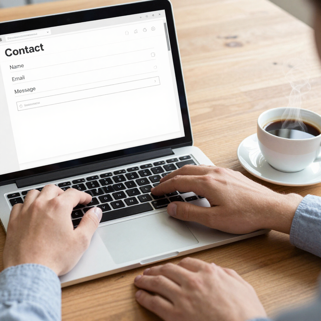 Hands typing on a laptop with a contact form open beside a coffee cup on a wooden desk