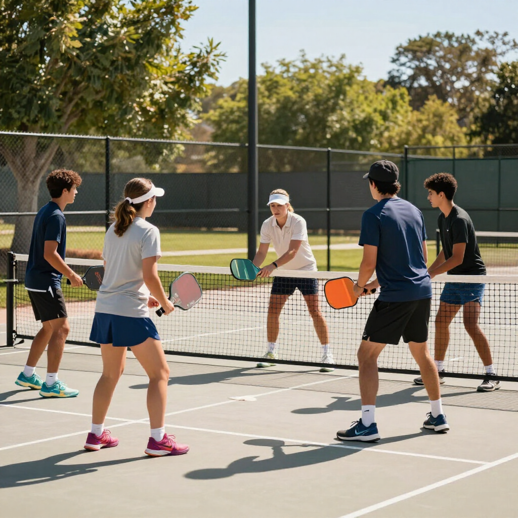 Six people playing pickleball on an outdoor court, holding paddles near the net.