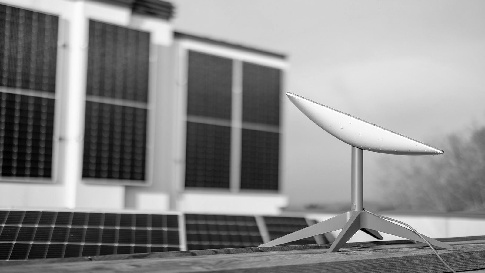 A Starlink satellite dish installed on a rooftop, with solar panels in the background, showcasing ad