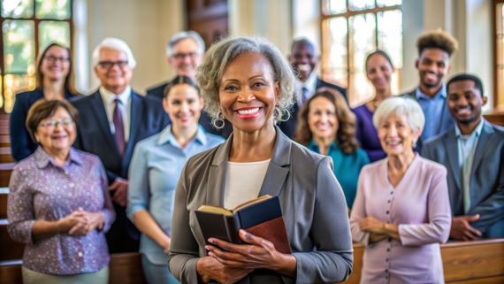 A group of people are sitting around a wooden table reading bible.