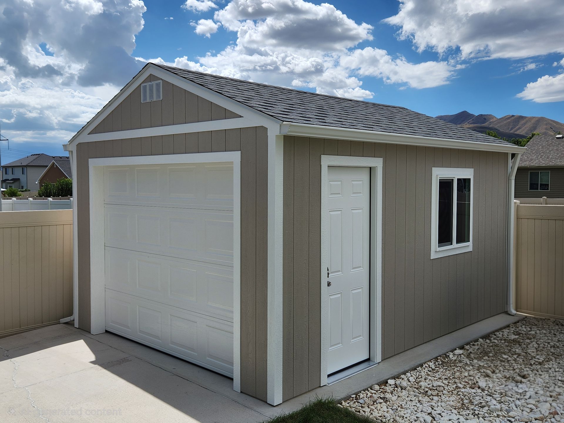 A tan shed with a white garage door, a side entry door, and a single window, situated in a backyard.