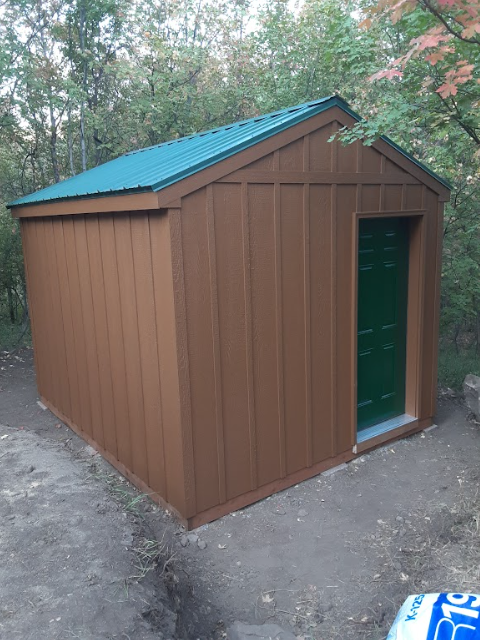 A brown wooden storage shed with a green metal roof and a green door, situated in a wooded area.